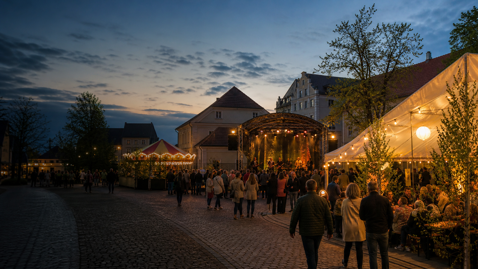 Frühlingsfest mit Bühne, Zelt und Besuchern auf dem Marktplatz